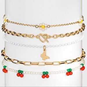 Butterfly Flower & Cherry Beaded Chain Choker Set 5pc